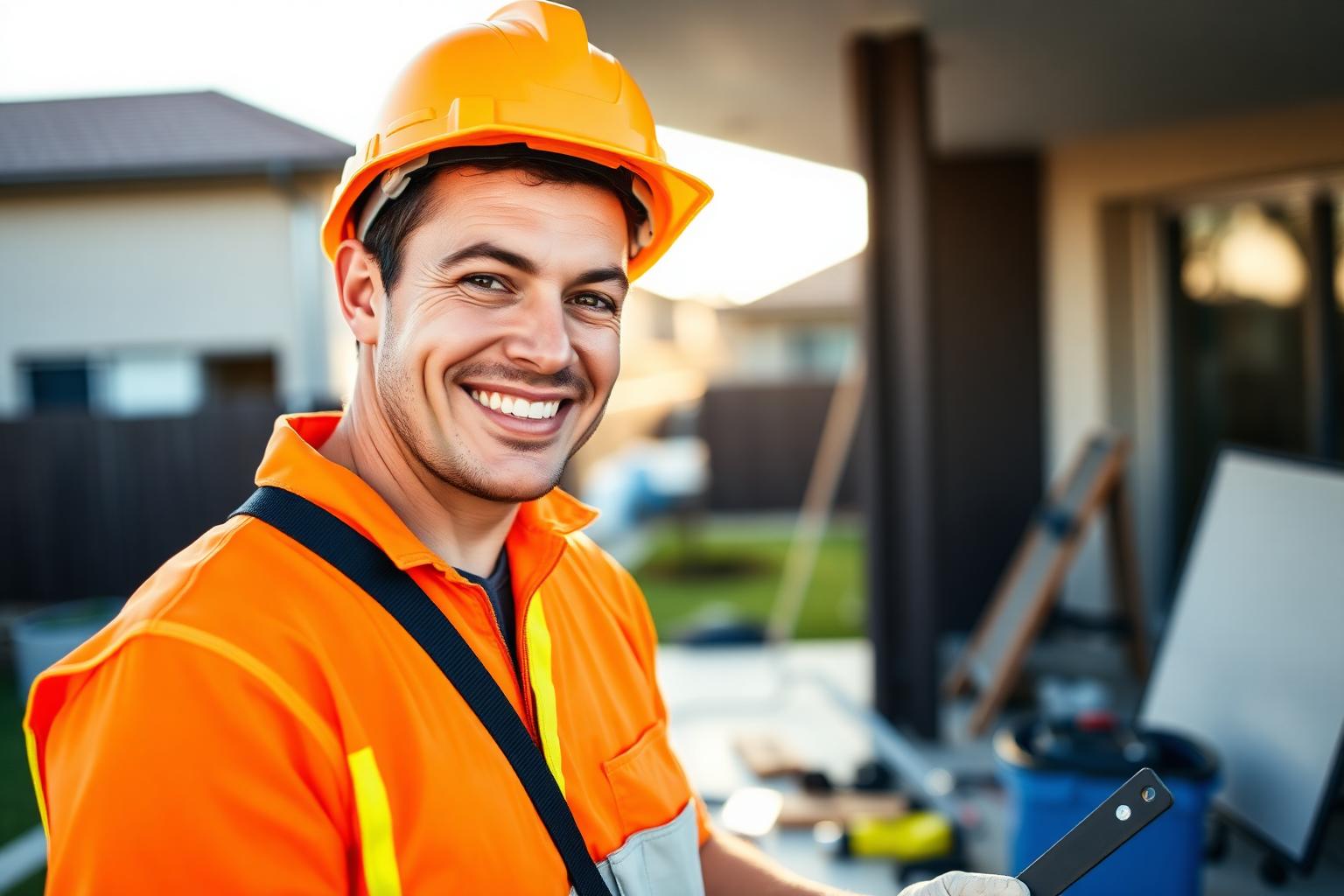 Australian tradie smiling on a residential job site